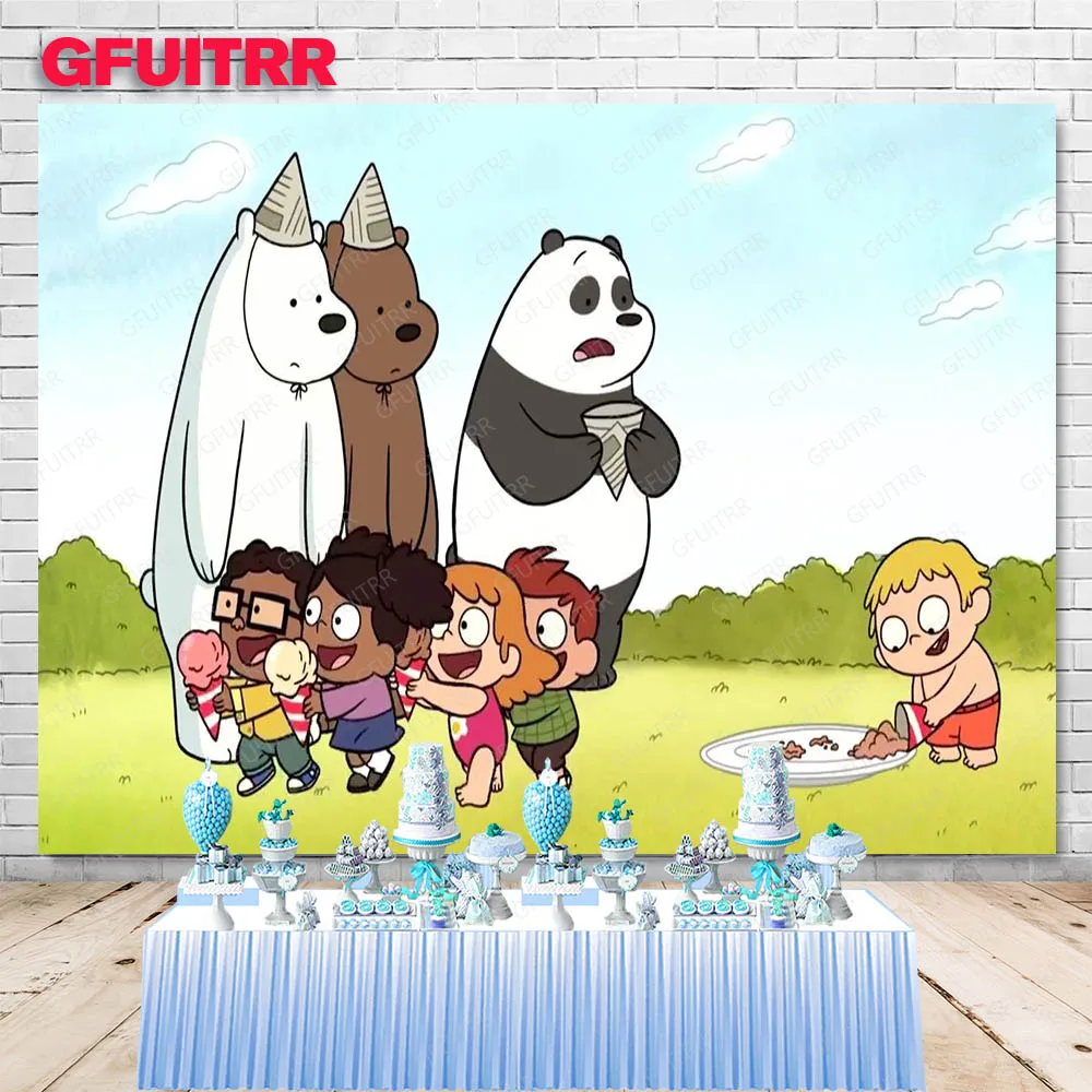 MINISO We Bare Bears Backdrop Kids Birthday Party Decoration Photography Background Baby Shower Studio Booth Prop Banner
