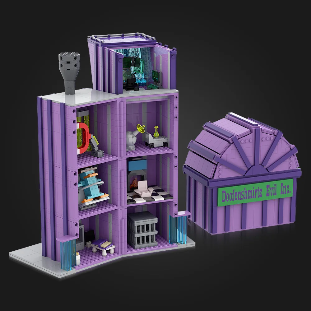 

MOC Street View Evils Incorporatedss, строительные блоки, модель Doofenshmirtzs, архитектурные кирпичи, собранная своими руками игрушка, подарок для детей