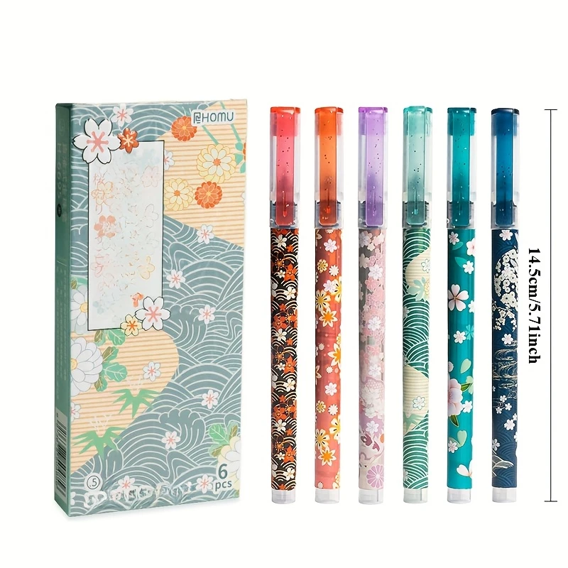 مجموعة أقلام كرة دوارة لصق الأزهار مكونة من 6 قطع، طرف رفيع 0.5 مم، حبر سائل سريع الجفاف، مادة بلاستيكية متينة، كتابة سلسة، مكتب أ #5