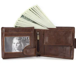 Genuine Leather Cowhide Short Wallets Men's Money Bag Vintage Business Male Purse Coin Cash Pocket Photo Window ID Card Holder