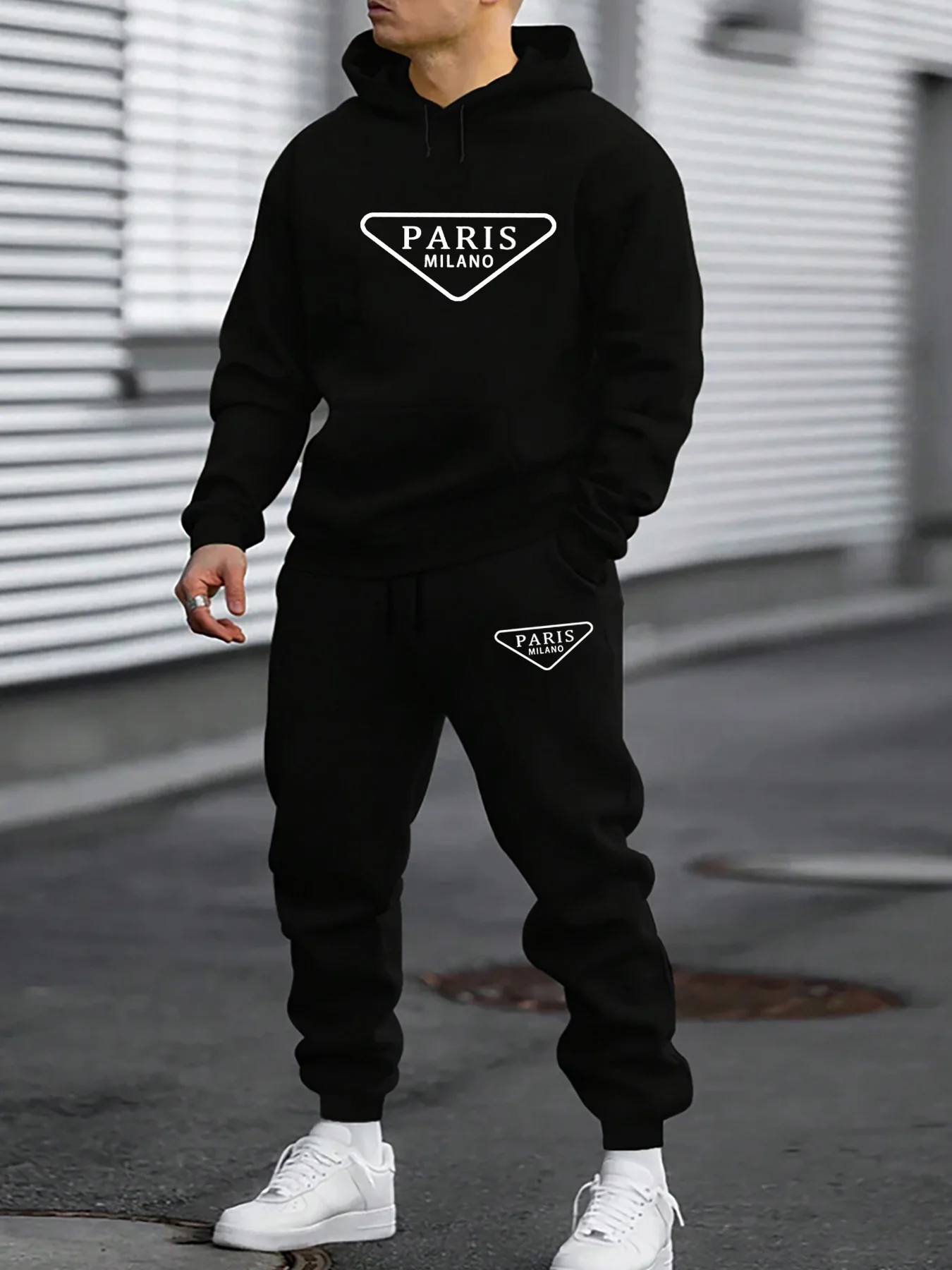 

Pop Men's Autumn/Winter Casual Warm Fashion PARIS MILANO Pattern Print Loose Thick Velvet Sports Hoodie+Sweatpants Set