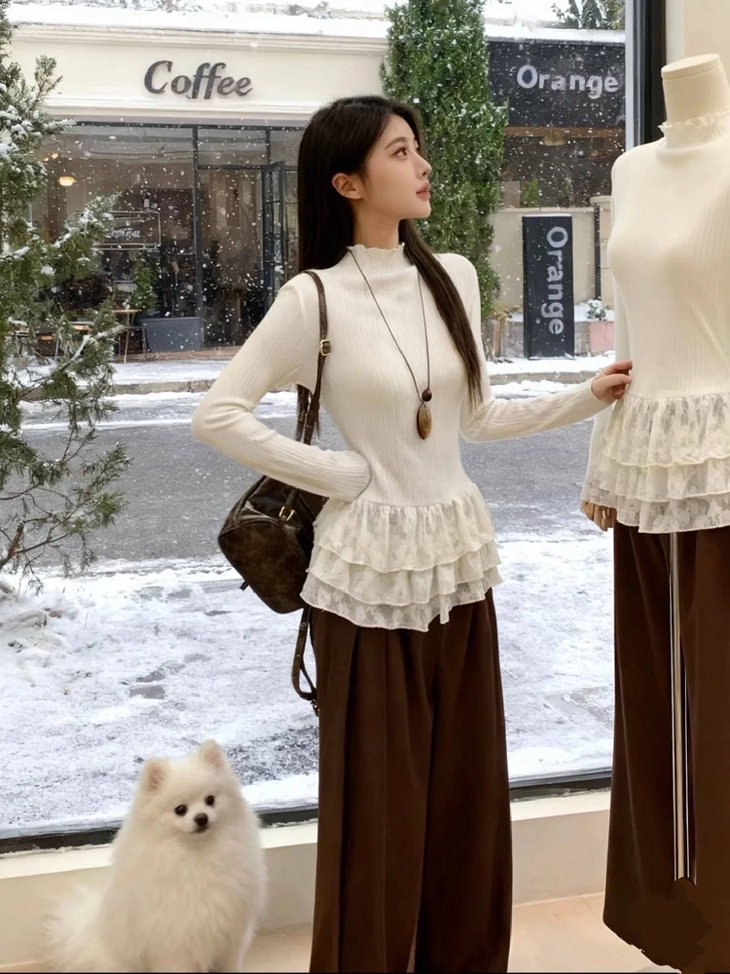 

White Lace Trim Long Sve Base irt T-irt Women's Autumn Winter f High Collar Slimming Versatile Top Ci Walk Sweet ...