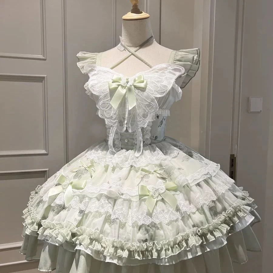 Japanese Sweet Lolita JSK Dress White Heart Dot Strap Lace Ruffle Big Bow Corset Lace Up Tiered Mini Skirt Y2K Sweet Dress view 3