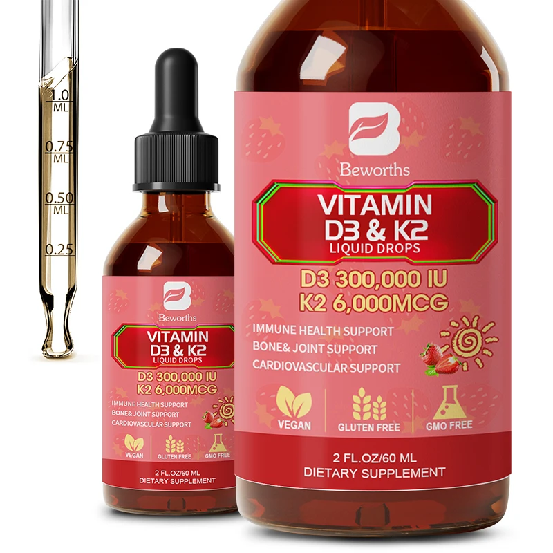 

BEWORTHS 60ML 2-в-1 D3K2 Комплекс витамина D и K | Поддерживает поглощение кальция, кость, иммунитет и здоровье сердца.