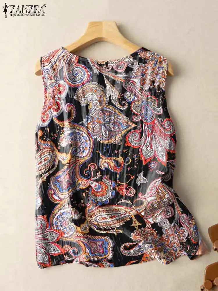 ZANZEA Women Paisley Print Tanks Bohemian Casual Loose Sleeveless Tunic Tops 2024 Summer Holiday Daily Button Up Camis Blusas