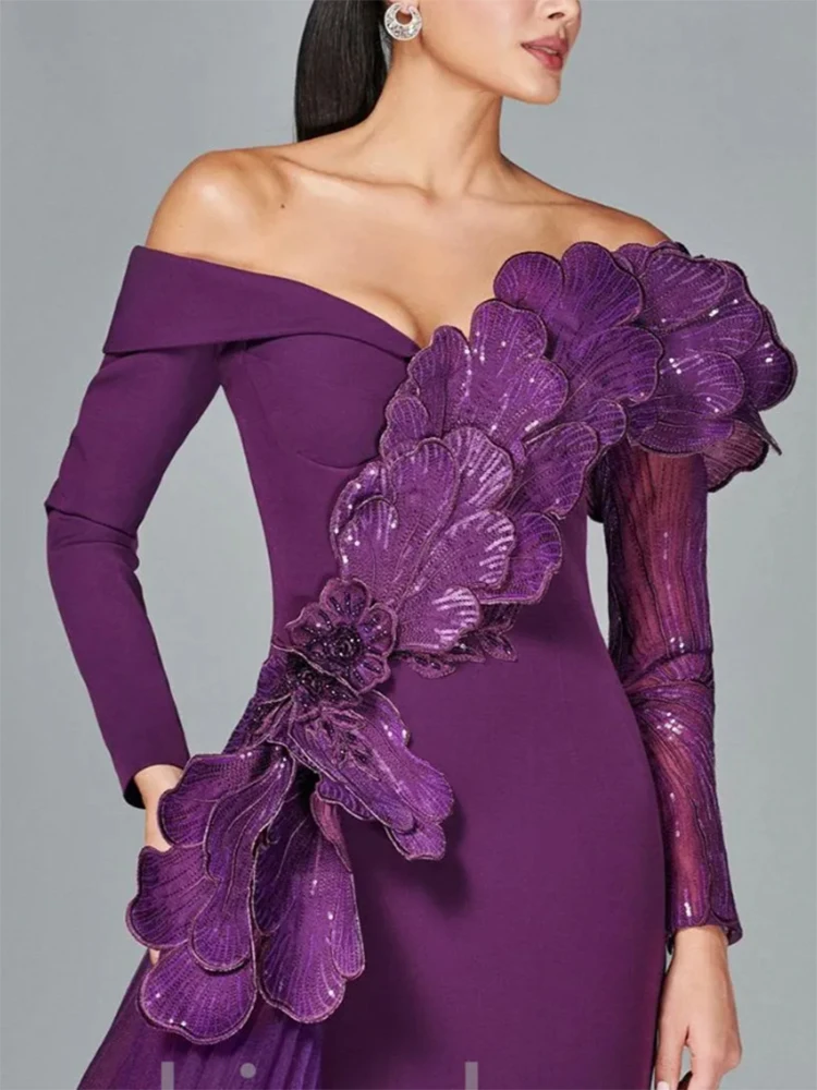 Vestidos de fiesta con cuentas de encaje de sirena púrpura, vestidos formales de noche para fiesta y compromiso