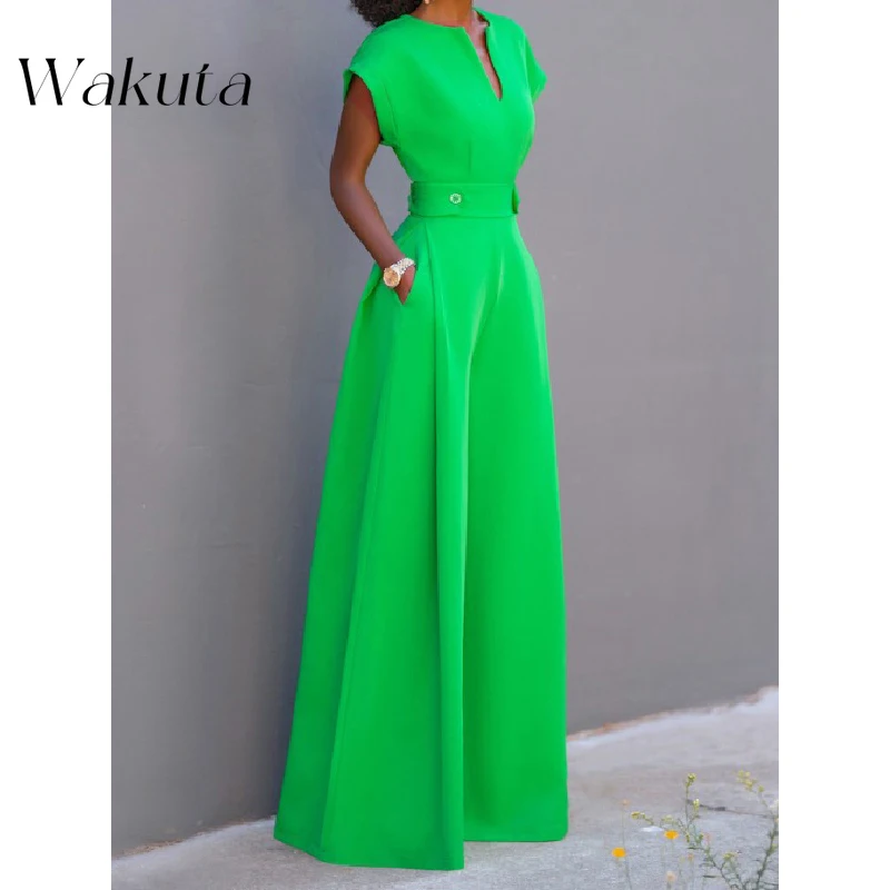 WAKUTA Fashion Women's Cap Sleeve Wide Leg Solid Jumpsuits for Urban Simple Occasion One Pieces Jumpsuits Combinaison Pour Femme