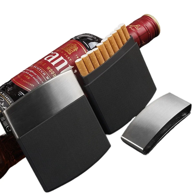 

New 1pcs Men's Business Cigarette Case Black Stainless Steel Thin Cigarette Box Holder 10 Cigarettes Leather Surface