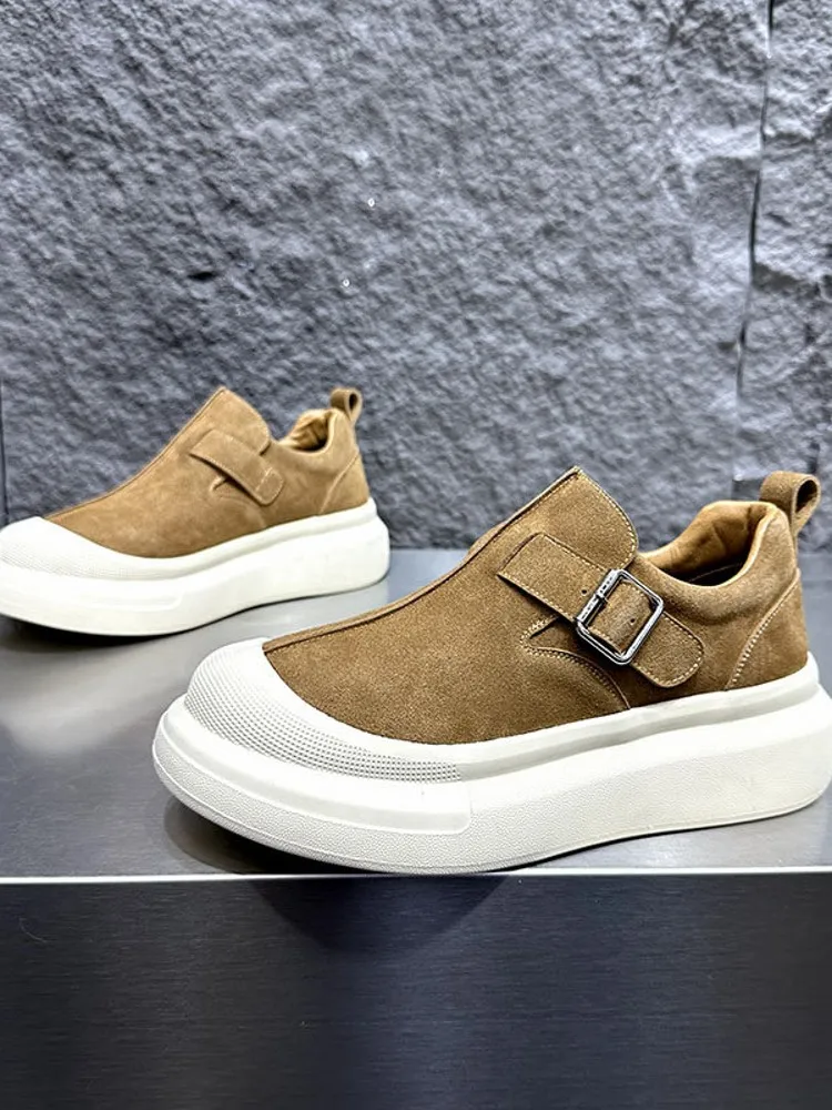 Mens Casual Slip On Suede Leather Shoes Buckle Thick Platform Skateboard Shoes Round Toe Low Cut Spring Footwear Light Weight