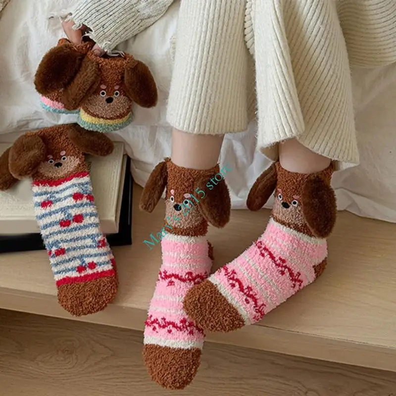 e15f الكرتون الكلب الحرارية الأذن الجوارب الشبهة الفخامة أفخم نوم داخلي دافئ ارتداء الطقس البارد الراحة للنساء