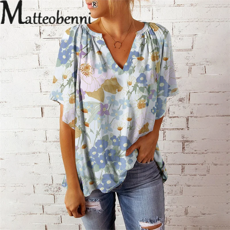 Elegant Flower Print Pleated T-Shirt Female Summer V Neck Pullover Flared Sleeve Tops Women's Comfortable Casual Loose Tees 2023