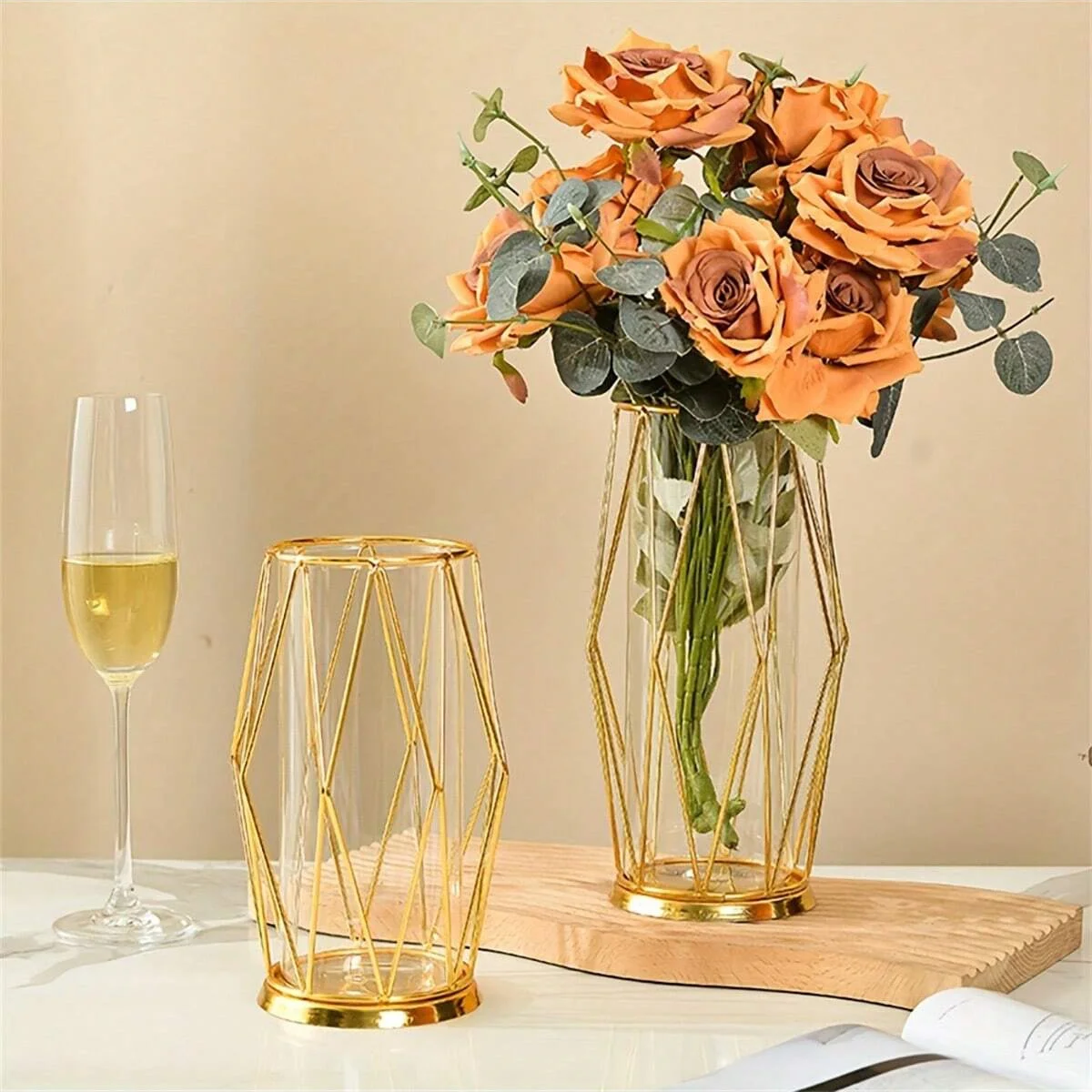 1pc Geometric Glass Vase with Metal Bracket Hand-Plated Metal Geometric Vase Golden Vase Decoration for Home Office Wedding
