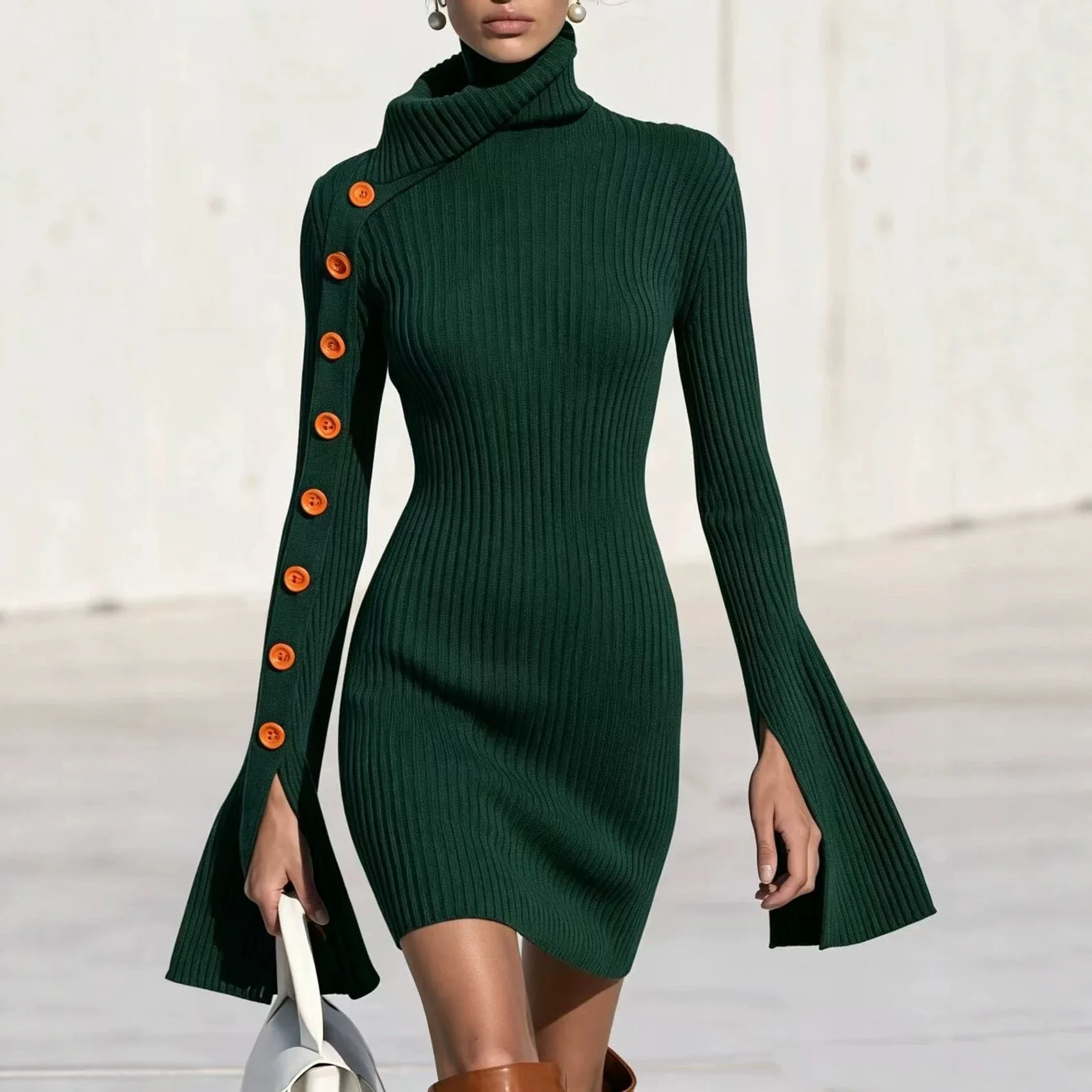 Women's Elegant Ribbed Knitted Tight Fitting Dress With High Neck Split Flared Sleeves Decorative Buttons Slim Fit Party Dress