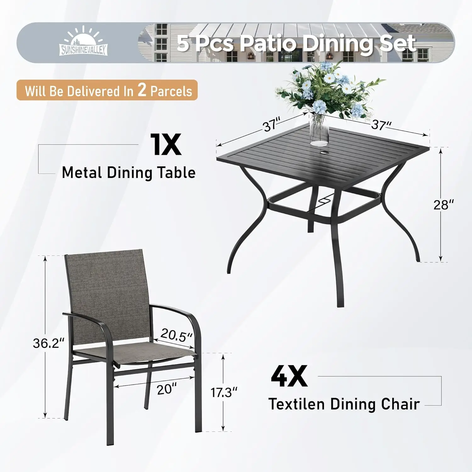 Brown Metal Outdoor Patio Dining Set for 4, 37”x37” Square Table with Umbrella Hole, for Lawn, Backyard, Deck