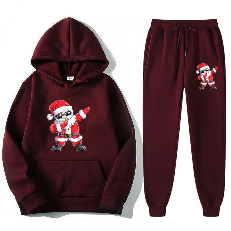 Santa Claus printed hoodie and pants set, fashionable threaded bottom hem, loose hooded shirt, men's and women's casual sports s