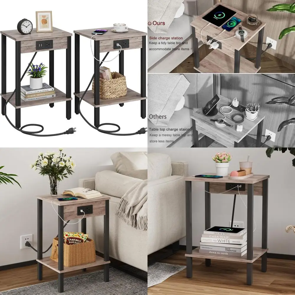 

Pair of Charging End Tables with USB & Outlet, 2-Tier Nightstands, Compact Sofa Table, Greige for Living & Bedroom