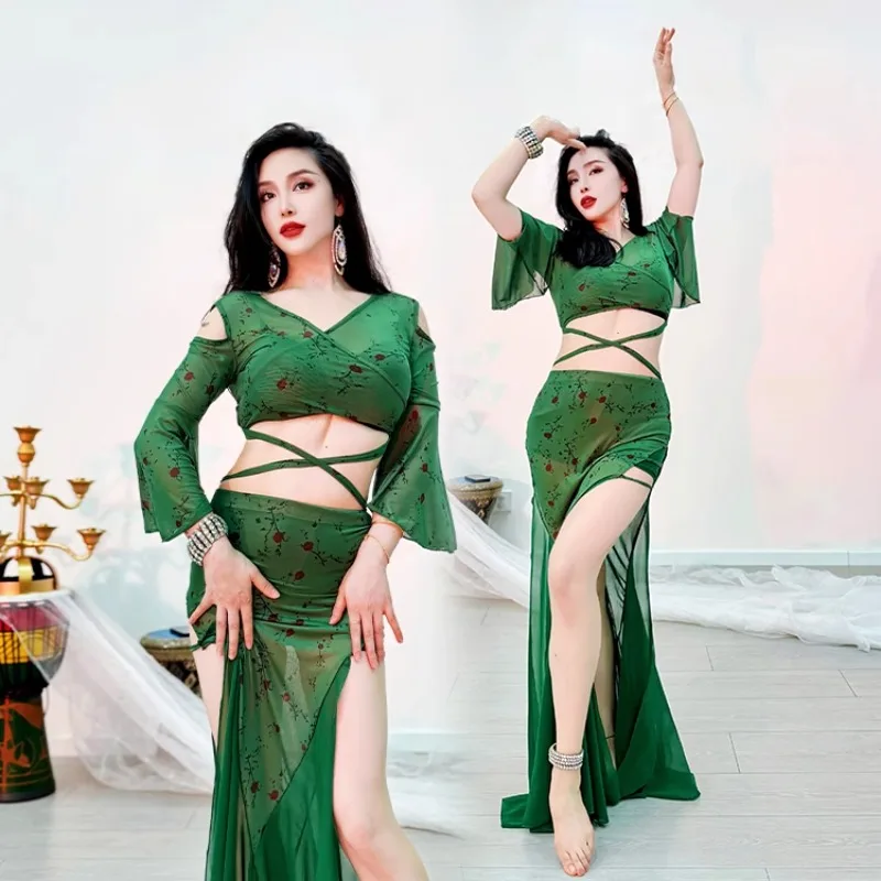 customized belly dance costumes practice outfit retro little rose insert fish tail skirt new set mesh trumpet sleeves top+skirt