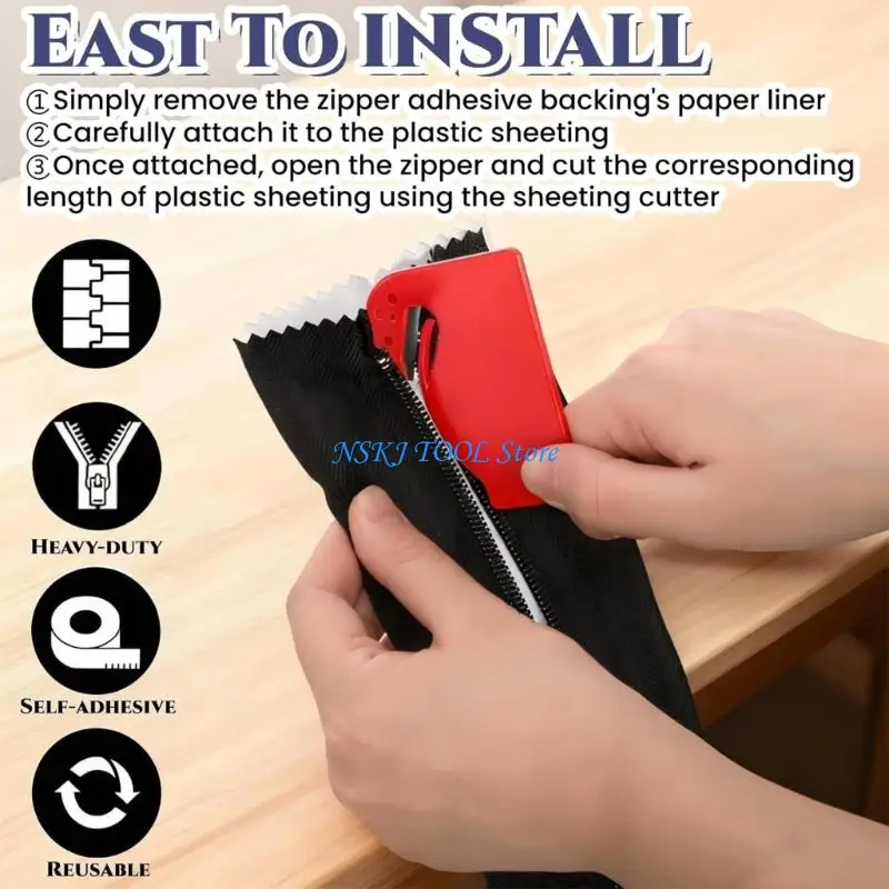 L8RC 4Pcs Double Sided Adhesive Door Zippers with Sheeting Cutter Easy Installation