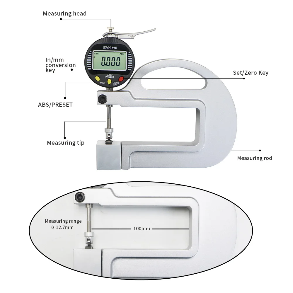 SHAHE 0.001mm 0-12.7mm Leather Thickness Gauge Digital Micron Thickness Gauge Meter