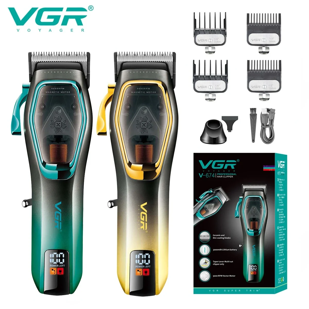 VGR Hair Clipper Professional Hair Trimmer 9000 RPM Hair Cutting Machine Adjustable Barber Haircut LED Trimmer for Men V-674
