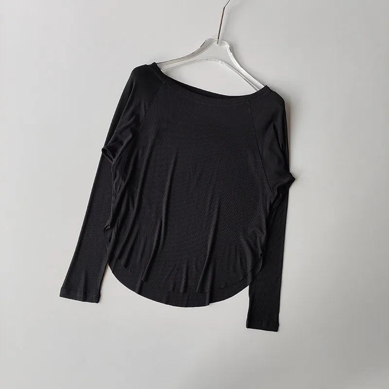Damen-Langarm-Yoga-Top aus Modal mit gerippter Struktur, lockere Passform, schlankmachend, Herbst-Winter-Sport-T-Shirt, bequemes Yoga-T-Shirt – Detail 7