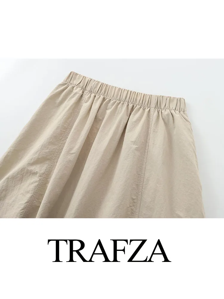 TRAFZA-Saia vintage longa em linha A para mulheres, bolsos elegantes e elegantes, elástico na cintura, estilo balão plissado, moda feminina, outono