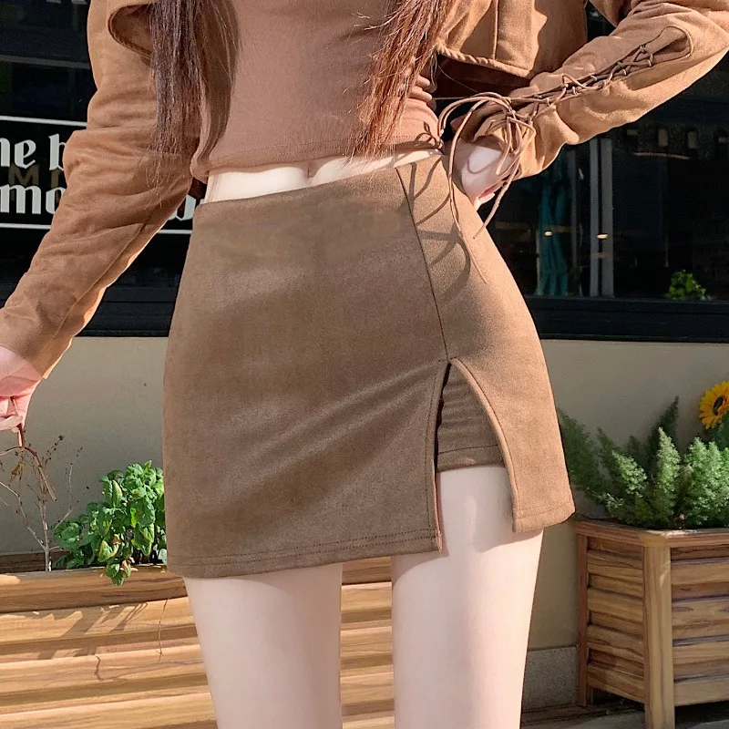 Autumn Winter Ladies Coffee Suede A Line Mini Skirt High Waist Slim Anti Exposure Spicy Girl Short Skirt Daily Bottoms