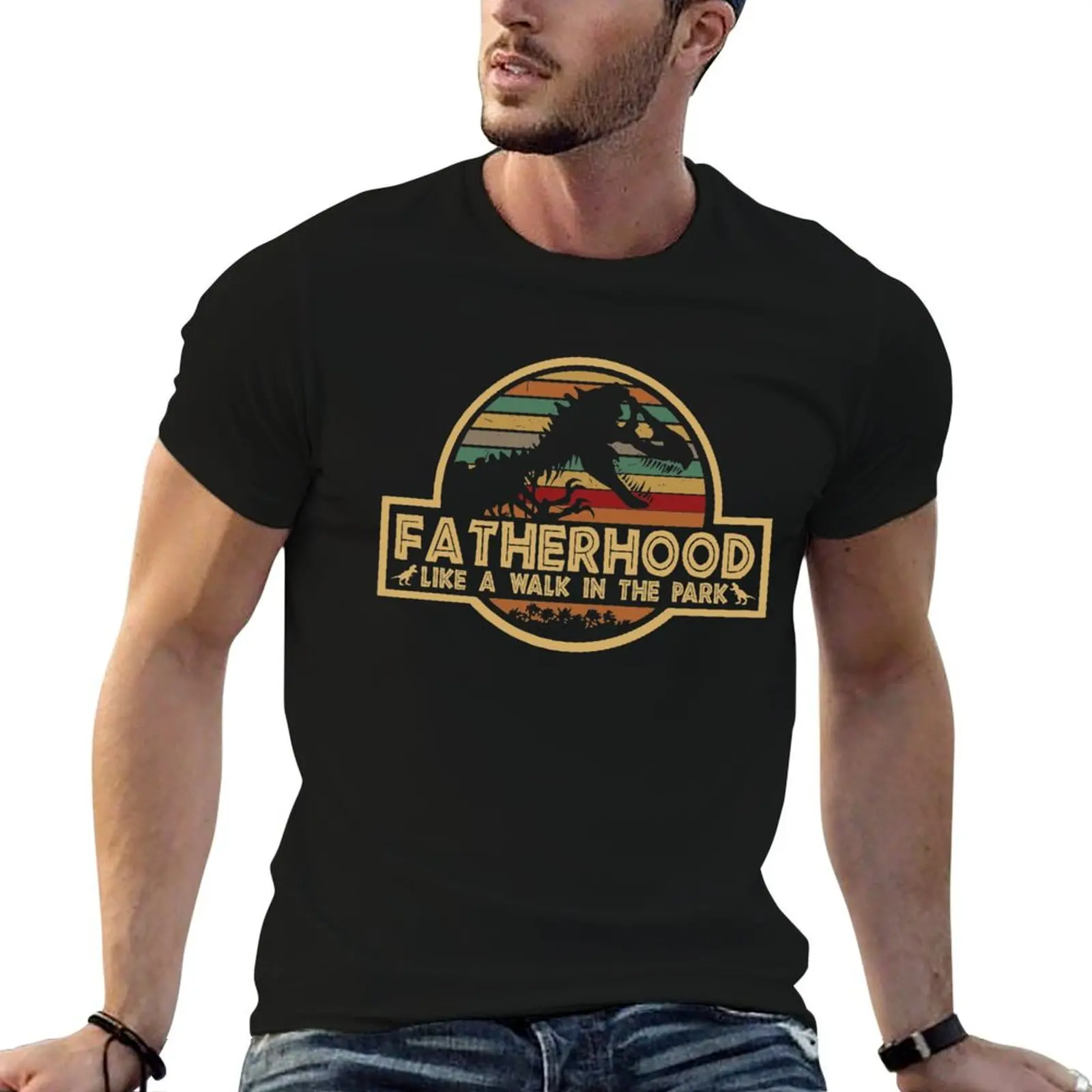 Fatherhood Like A Walk In The Park Retro Vintage T-Rex Dinosaur Father's Day T-Shirt Work Wear Simple Tee Shirt