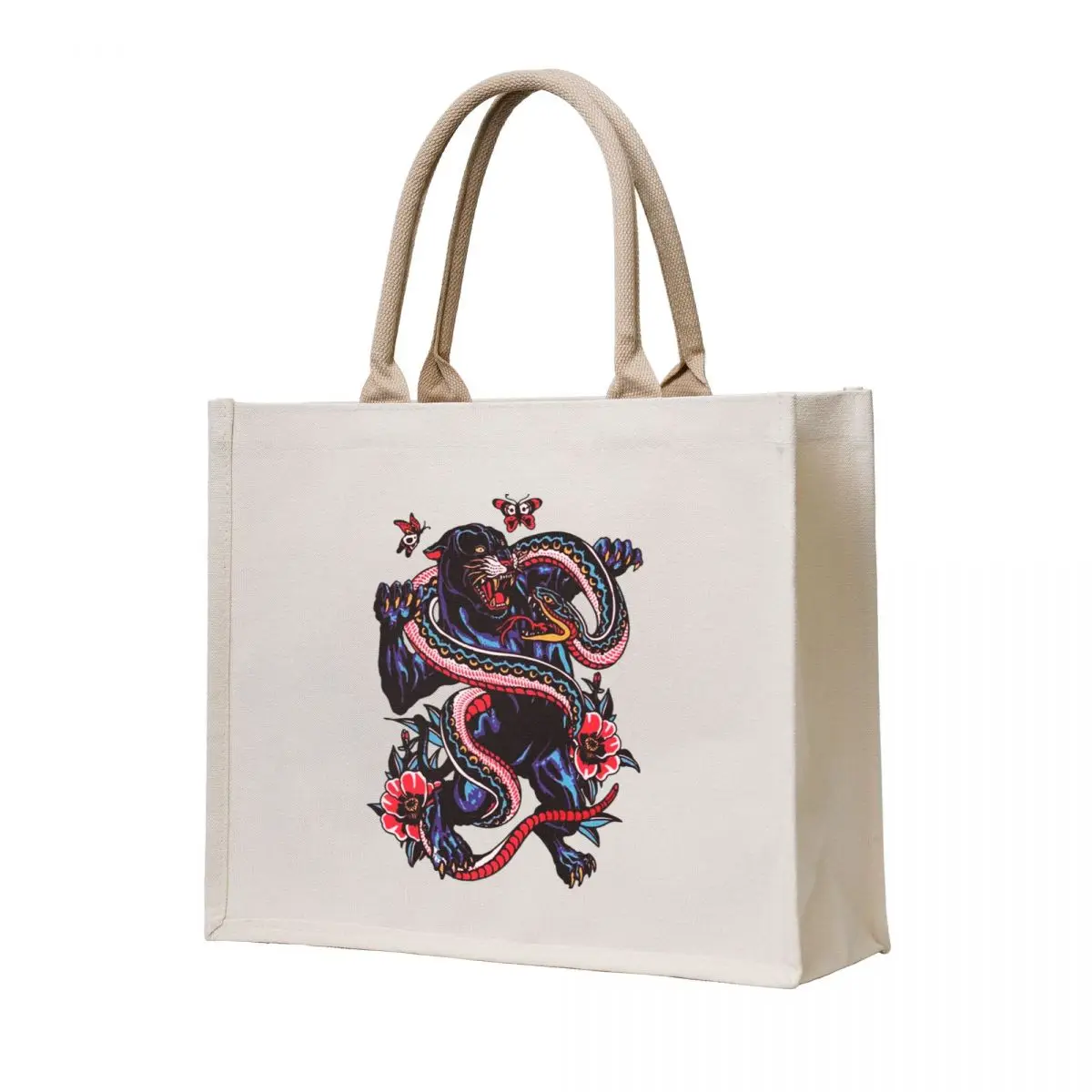 

Traditional Black Panther Fighting Snake Tattoo Tote Bag shopping bag tote bag university luxury women