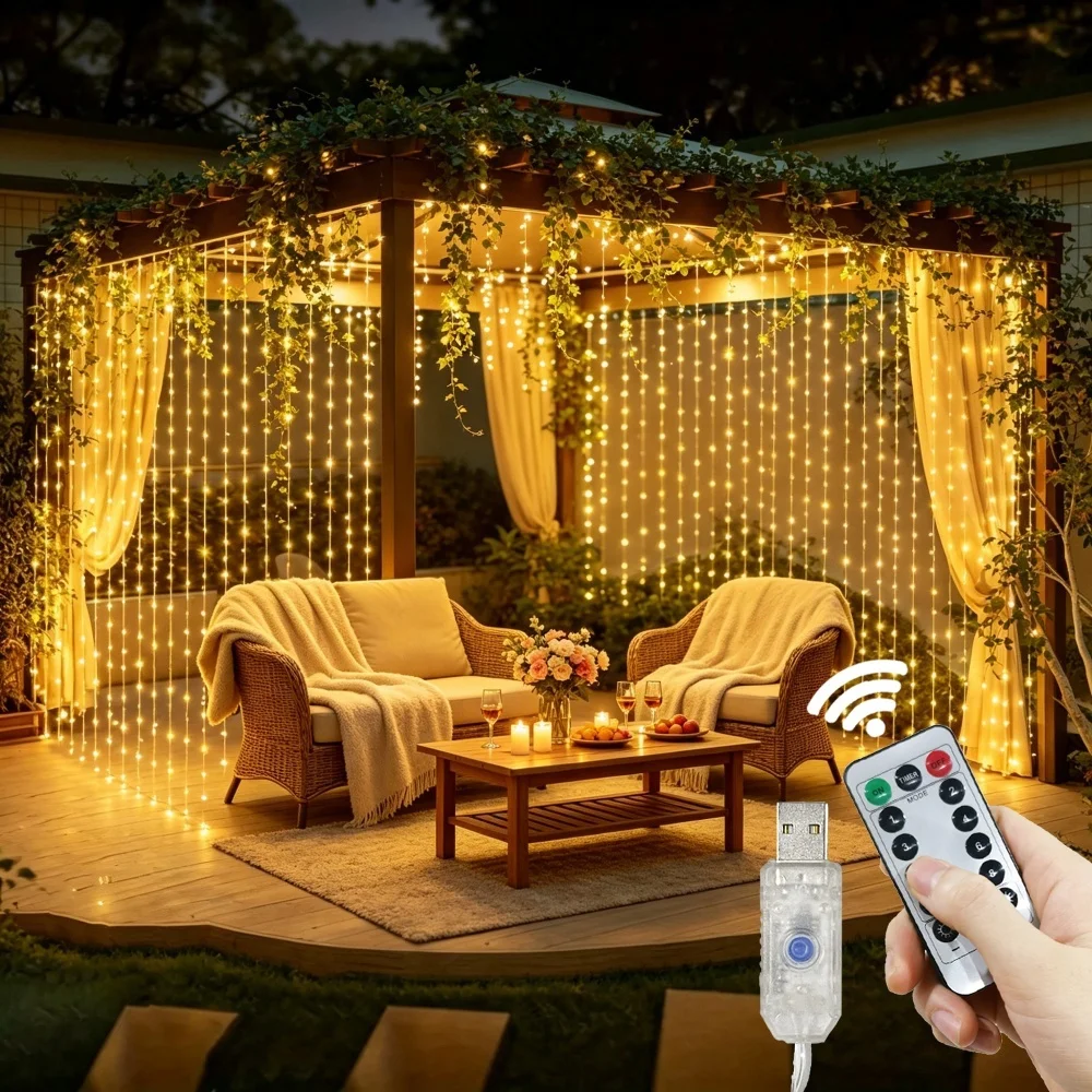 Remote Control LED Fairy Curtain Light String Christmas USB Lights with 8 Modes for Bedroom Wedding Halloween Holiday Decoration