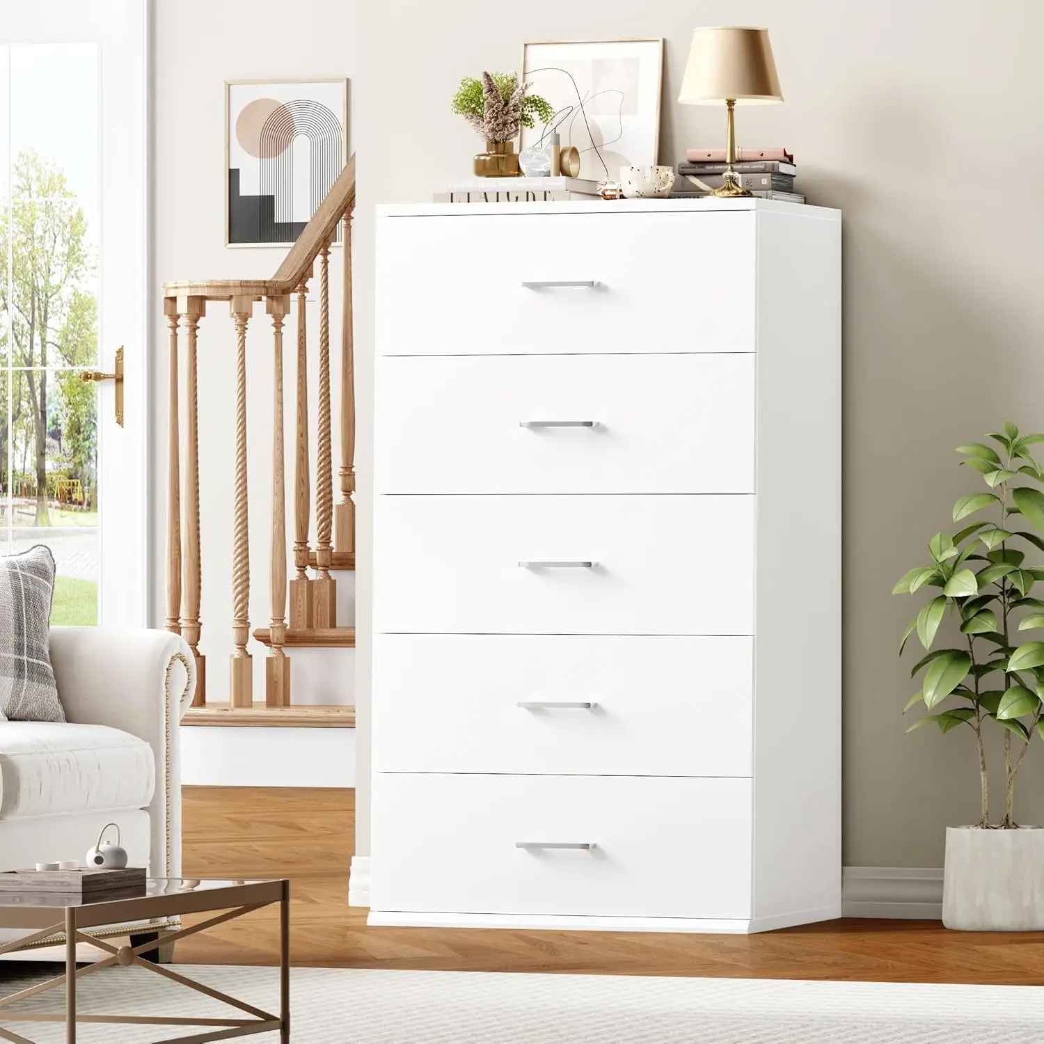 

TTChest of Drawers with Mental Handles, Tall White Dresser with 5 Drawers, Tall Dressers for Living Room, Kitchen, Entryway