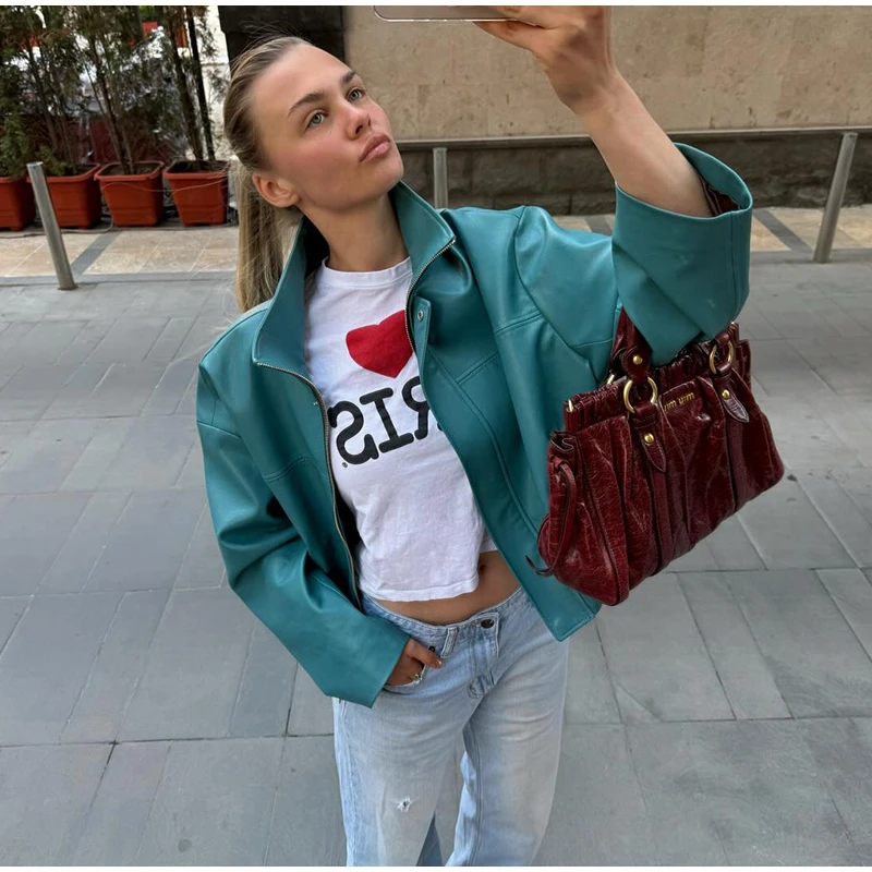 Women's Solid Faux Leather Jacket Stand Collar Zippers Long Wide Sleeves Cropped Coats 2026 Autumn Fashion All-match Streetwears