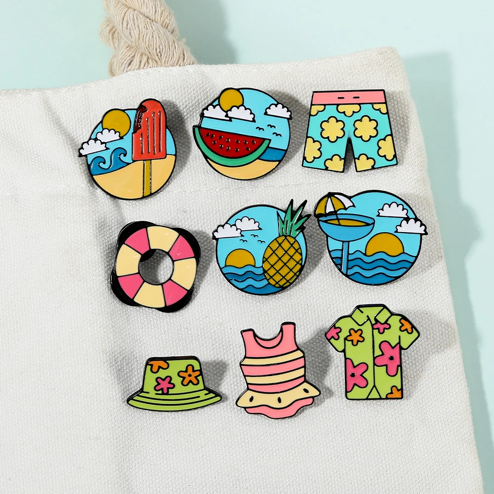 Pretty Beach Wear Bikini Enamel Brooches Sea Cold Drink Popsicle Fruit Watermelon Pineapple Pins Summer Jewelry Free Shipping