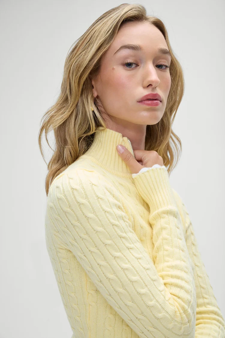 Frankies bright yellow semi-turtleneck twist sweater cardigan jacket with skinny all-over hip culottes