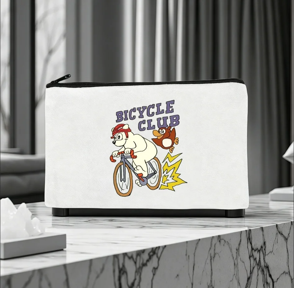 1PC Double-sided Print Canvas Pouch Bicycle Club Cartoon Bear Print Zipper Storage Bag