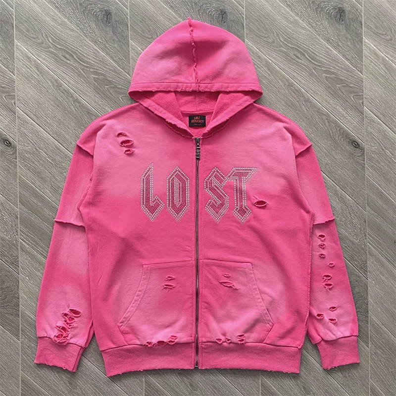 

Broken Hole Lost intricacy Pink Rhinestone Zip Up Hoodie Men Women 1:1 High Quality Diamond Hooded