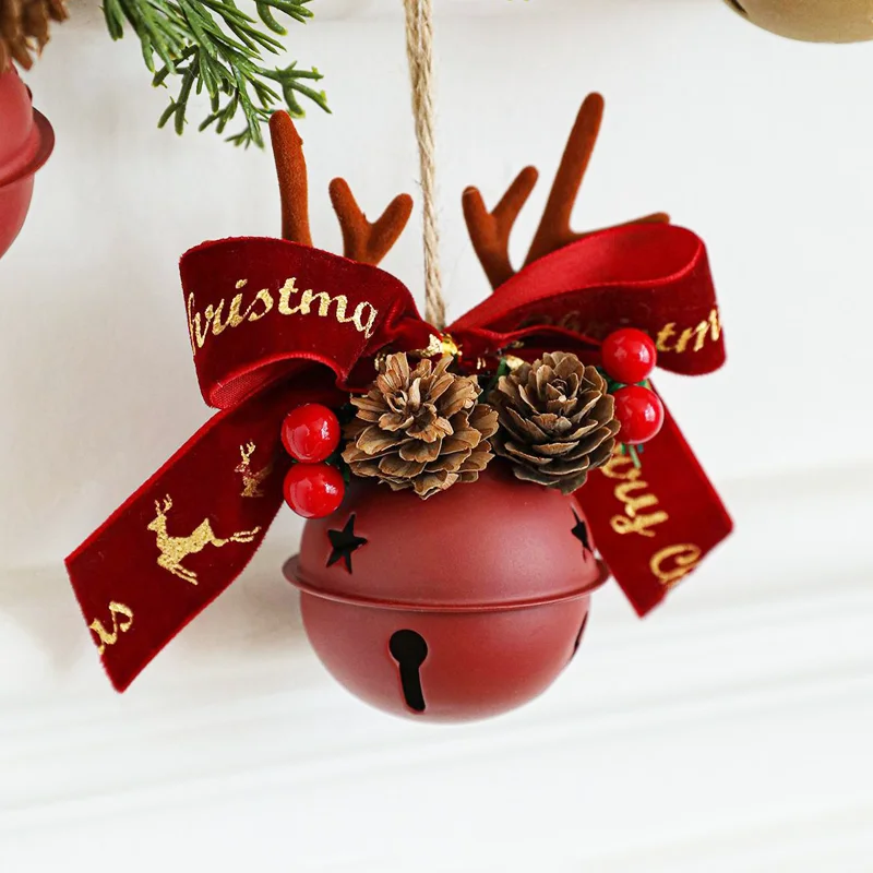 

6mm Christmas Bells Gold Pine Cone Antler Bell Car Ornaments Red Green bow bells Christmas Tree Pendant Decor for Holiday