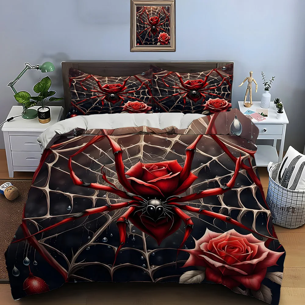 Red Rose Spider and Web print Bedding Set for Kids Luxury Gift 3pcs Digital Print Comforter Set Soft Comfortable Breathable