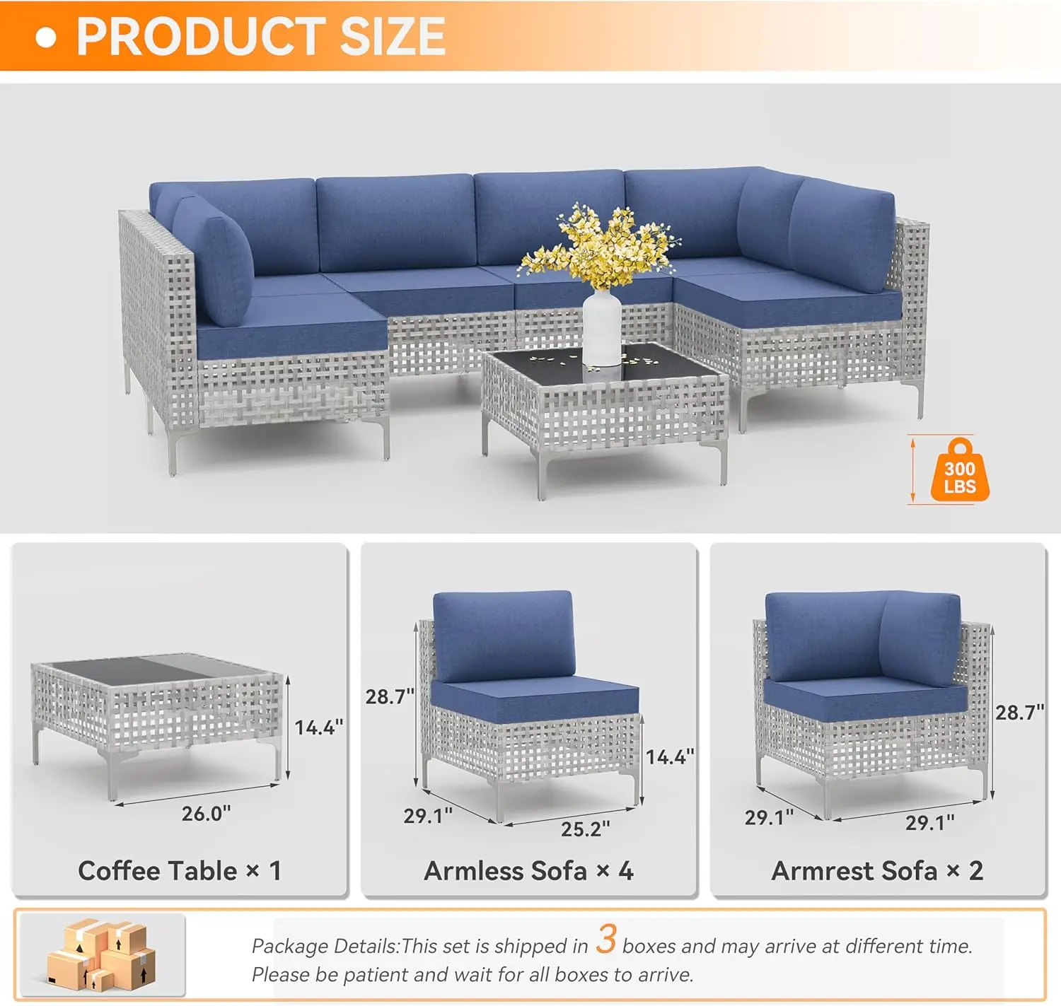 7 Pieces Patio Furniture Set Wicker Outdoor Sectional Sofa,All Weather Grey PE Rattan Outdoor Conversation Set ,NavyBlue