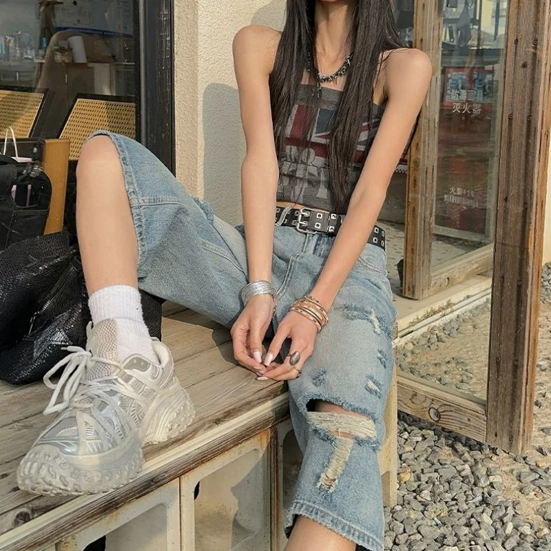 Summer American Retro Women's Denim Shorts High-Waisted Straight-Leg Jeans Shorts Casual Loose Korean-Style 5-Point Shorts New