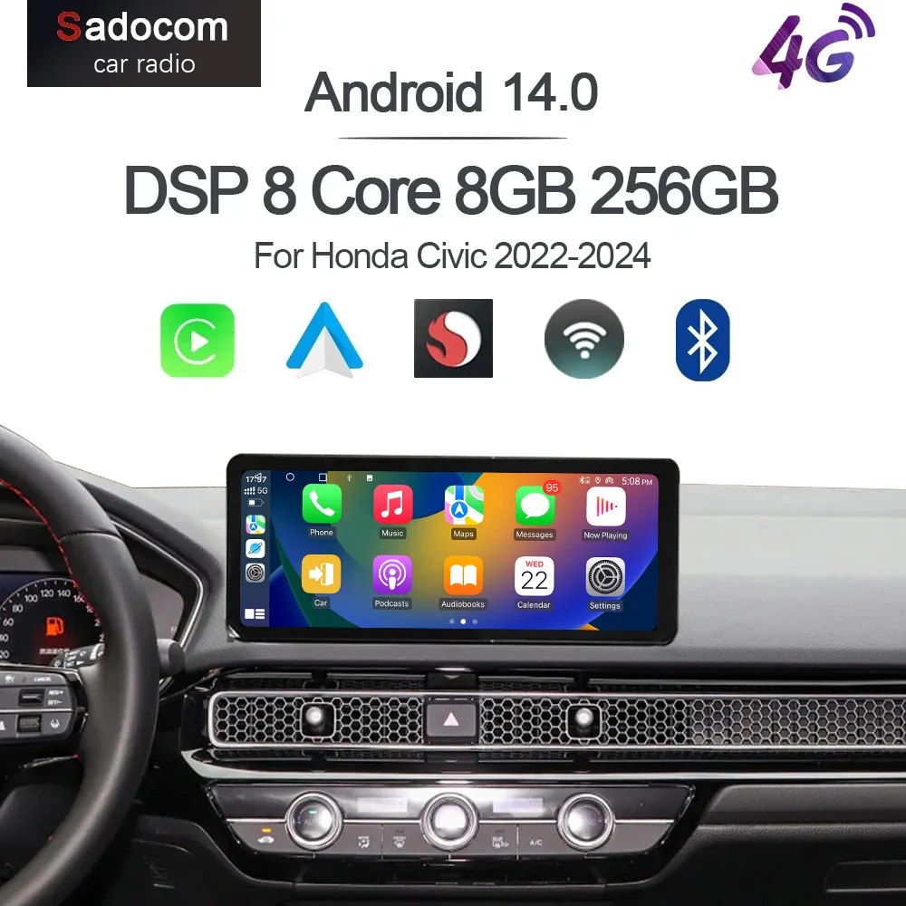

12.3" QLED 720P 360 8G+256G Carplay Android 14.0 Car Player GPS DSP WIFI Stereo autoradio navigation For Honda Civic 2022-2024