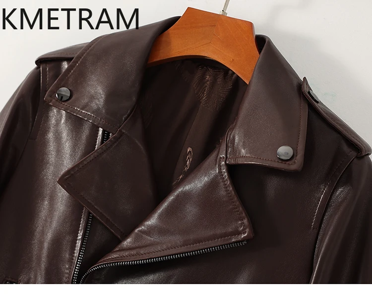 100% 탑 레이어 양피 재킷 여성 빈티지 브라운 진짜 가죽 자켓 바이커 겉옷 가을 옷 2025 여성 veste femme