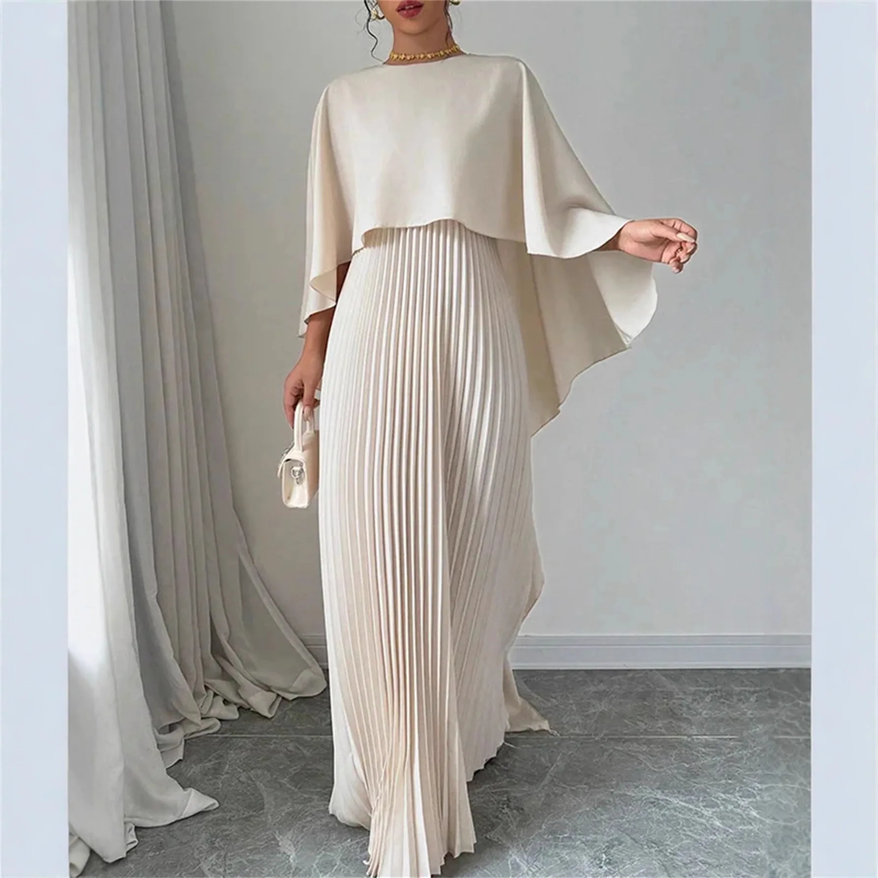 Damen Cape-Ärmel Plissiertes Maxikleid Rundhals Elegantes Formelles Abendkleid