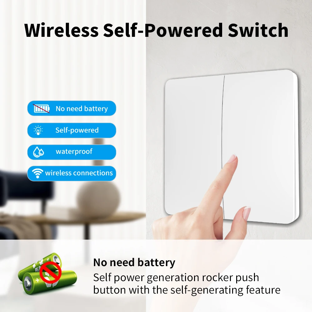 Interruttore da parete wireless intelligente Autoalimentato, nessuna batteria richiesta. Interruttore a pulsante con telecomando. Interruttore della