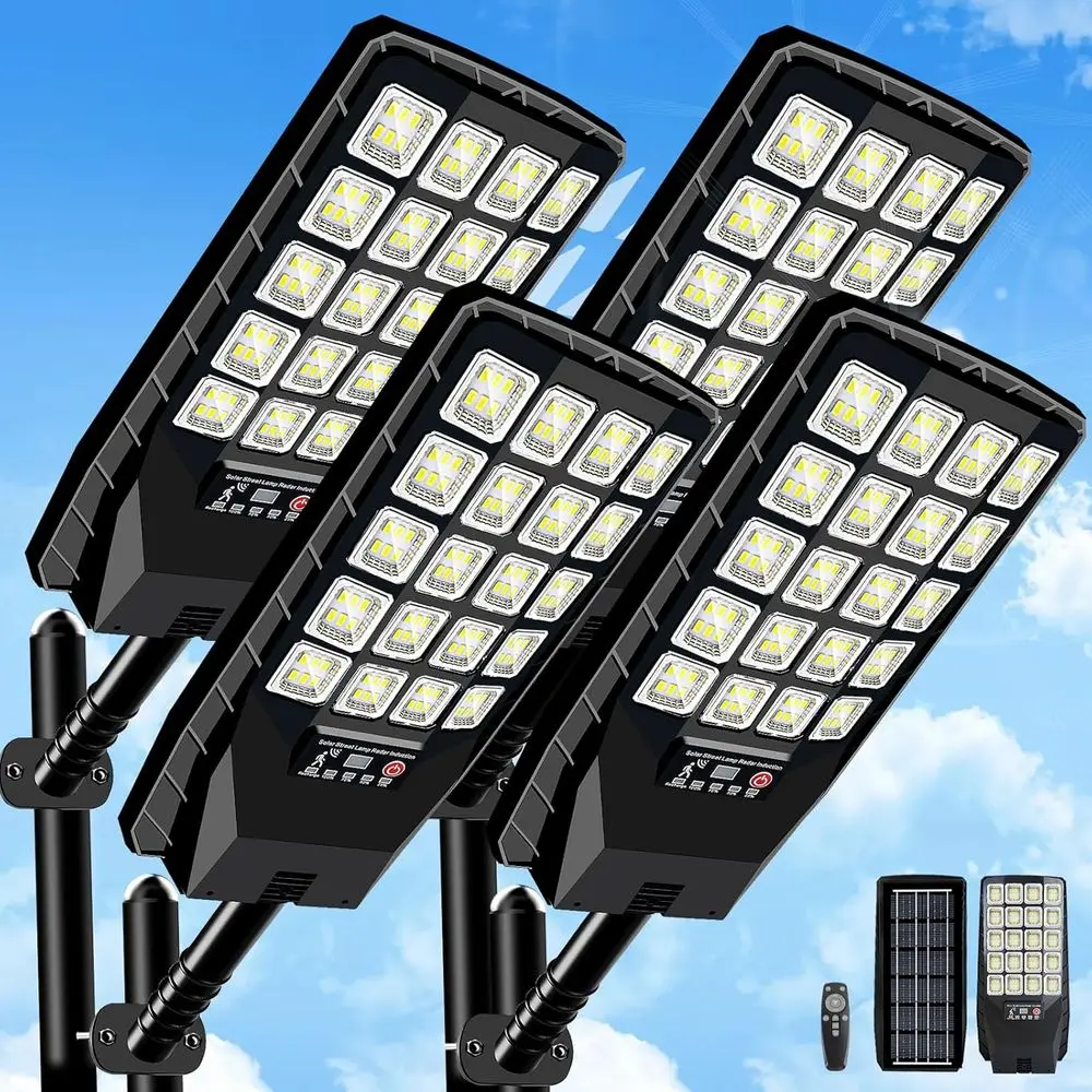 

4 Pack r Street Lights Outdoor Waterproo, 6500K 20000LM Wide Angle r Powered lood Light with Motion Sensor & Remote Control,Dusk
