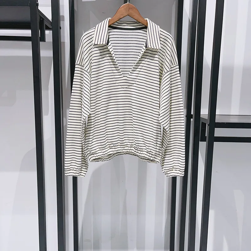 T-shirt for Women 2024 New Spring Autumn Striped Turn Down Collar Loose Casual Long Sleeve Top