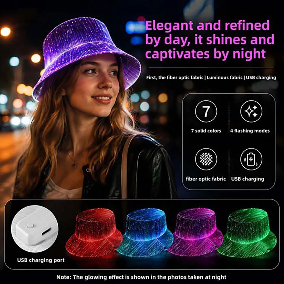 LED Fiber Optic Neon Fishermen Hat Luminous Changing Color Bucket Hat Nightclub Concert Bar Props Hiphop Dance Stage Show Decor