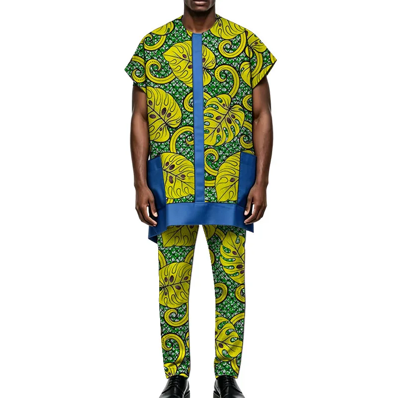 African Print Couture Peacock Blue Pocket Patchwork Tops & Trousers Men's Performance Suit Dashiki Outfit Set Taiored
