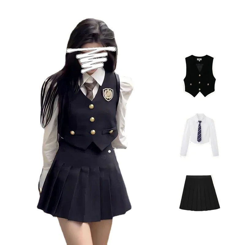 Spice Girl Style 3 Piece Women\'s Early Fall Suit Vest + Polo Collar Shirt Top + Pleated Skirt Set