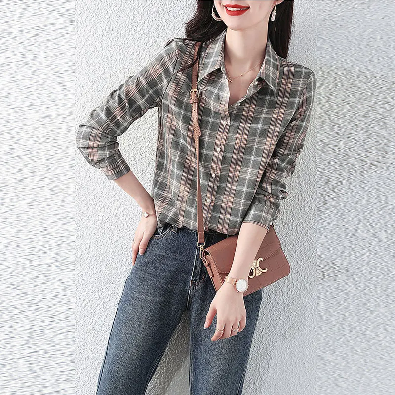 Women\'s Clothing Fashion Plaid Shirt 2023 Spring Autumn Streetwear Long Sleeve Turn-down Collar All-match Loose Casual Blouse